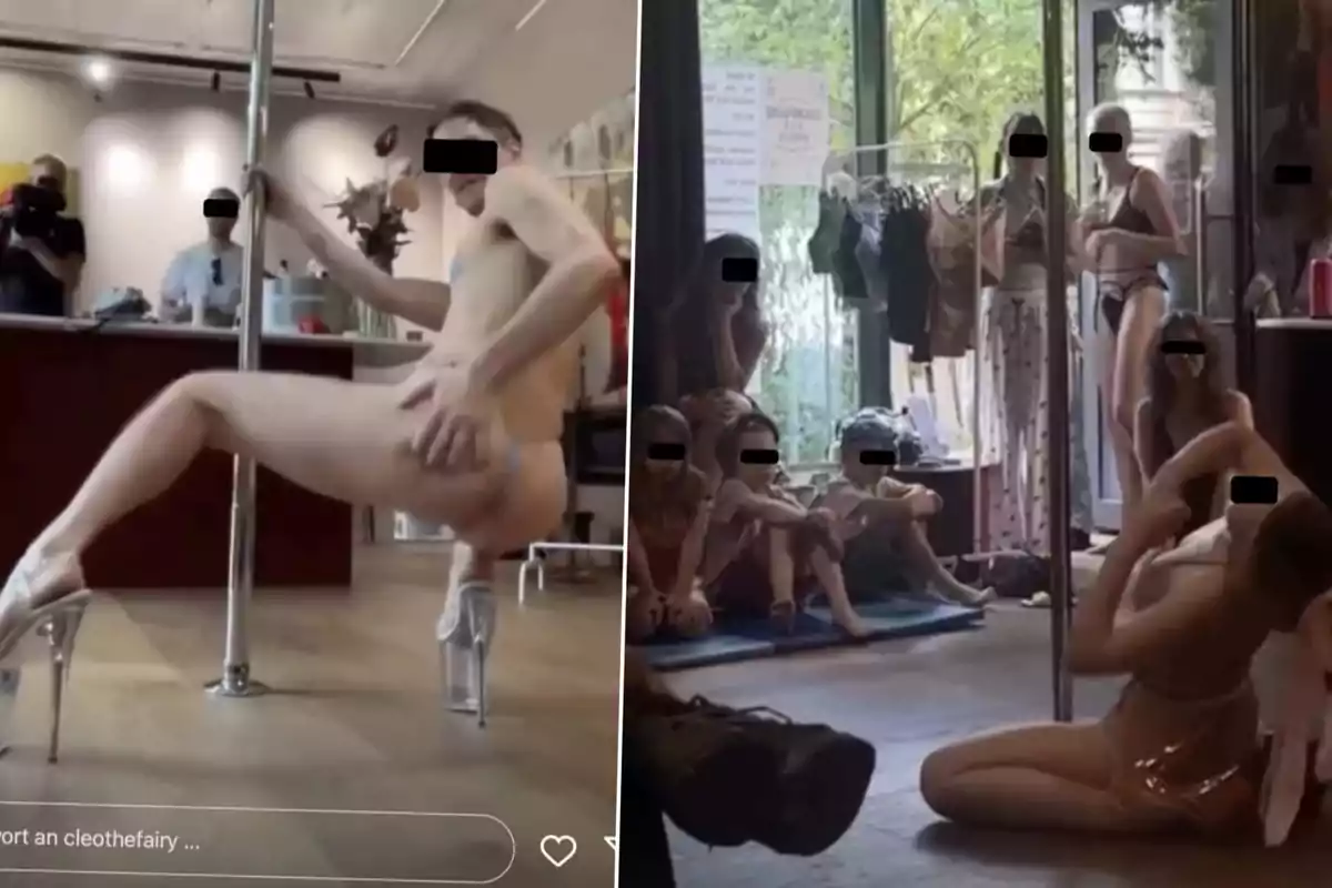 People watch a pole dance performance in an indoor space, some of them sitting on the floor and others standing, while the dancer wears a show outfit and high heels.
