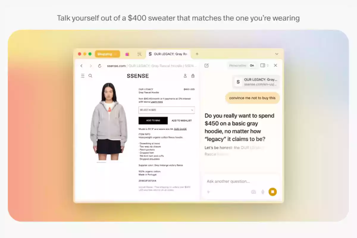 Screenshot of an online store showing an expensive gray sweatjersey next to a message questioning whether it's worth spending so much money on a basic garment. Screenshot of an online store showing an expensive gray sweatjersey next to a message questioning whether it's worth spending so much money on a basic garment.