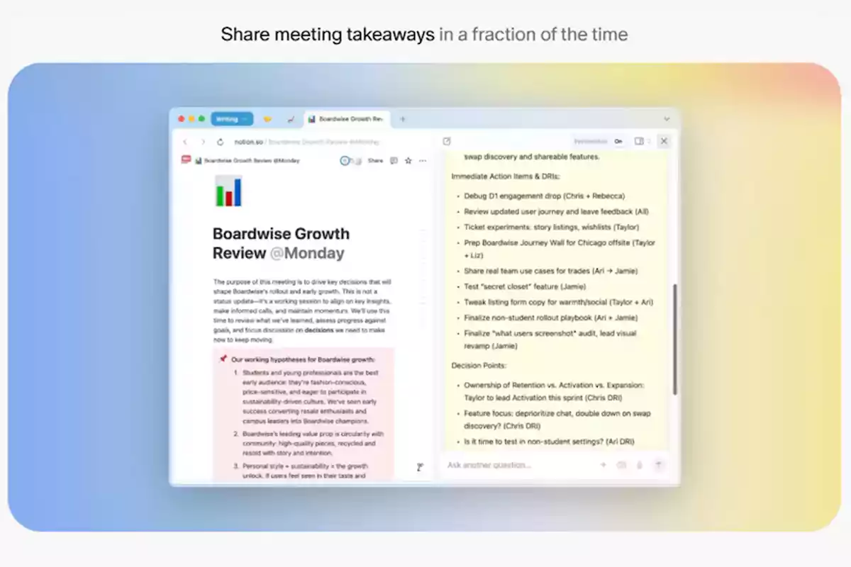 Computer screen displaying a meeting summary with highlighted notes and actions, on a blue and yellow gradient background Computer screen displaying a meeting summary with highlighted notes and actions, on a blue and yellow gradient background