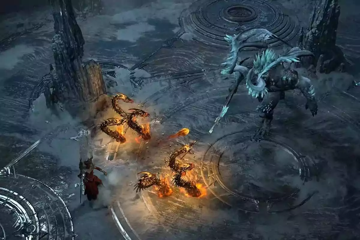 Escena de videojuego de fantasía donde un personaje enfrenta a un monstruo grande y azul en un entorno oscuro y helado mientras invoca serpientes de fuego Escena de videojuego de fantasía donde un personaje enfrenta a un monstruo grande y azul en un entorno oscuro y helado mientras invoca serpientes de fuego