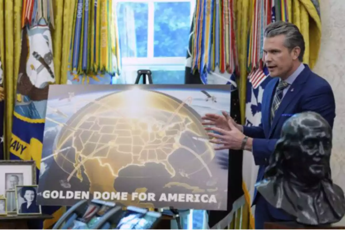 Hombre de traje azul explicando un cartel con un mapa de Estados Unidos cubierto por una cúpula dorada y la frase Golden Dome for America en una sala decorada con banderas y una escultura Hombre de traje azul explicando un cartel con un mapa de Estados Unidos cubierto por una cúpula dorada y la frase Golden Dome for America en una sala decorada con banderas y una escultura