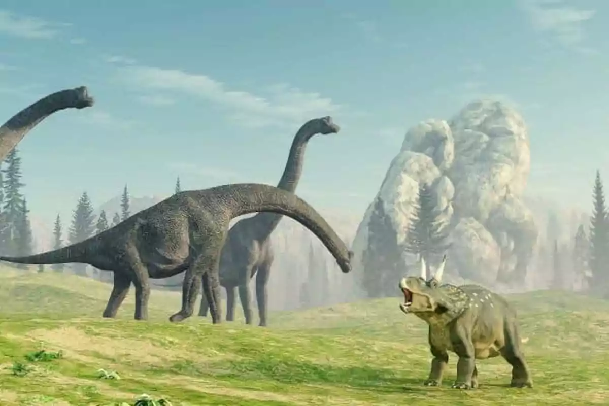 Dinosaurs in a prehistoric landscape with mountains and trees in the background Dinosaurs in a prehistoric landscape with mountains and trees in the background