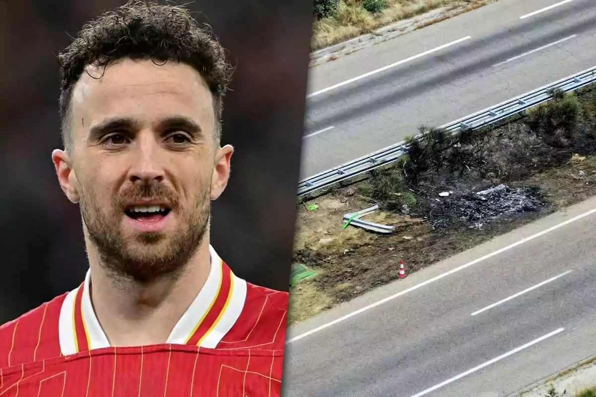 Un hombre con camiseta roja a la izquierda y una carretera con señales de accidente a la derecha