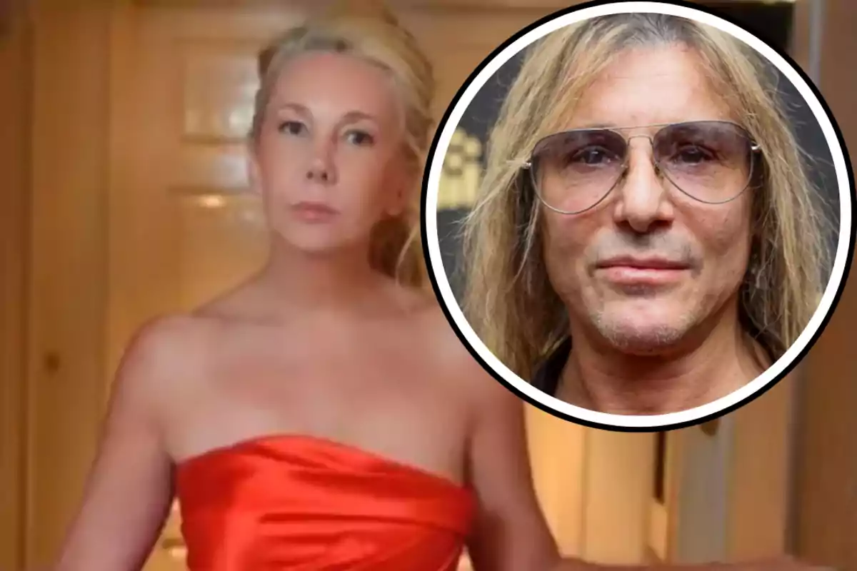 Blonde woman in a red dress posing in a hallway and a box with the face of a long-haired man wearing glasses