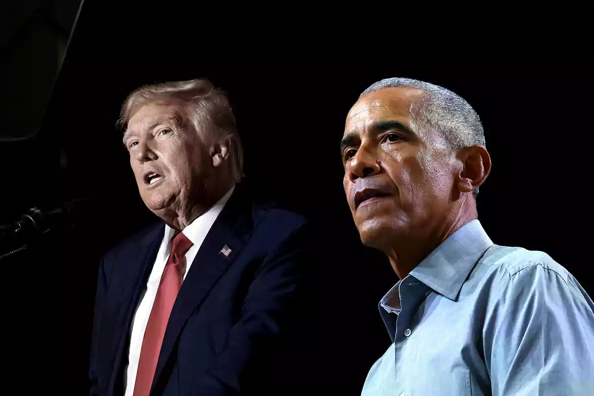 Two middle-aged men with serious expressions appear in the foreground against a black background. Two middle-aged men with serious expressions appear in the foreground against a black background.