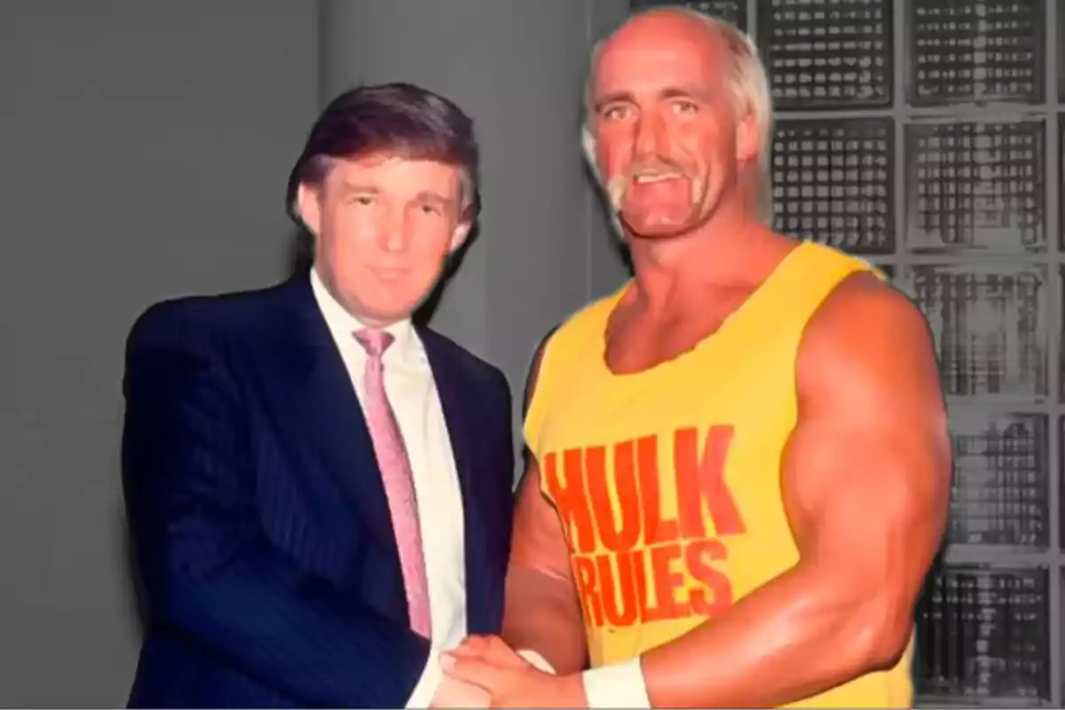 Two men shaking hands, one wearing a suit and tie and the other wearing a yellow tank top that says Hulk Rules. Two men shaking hands, one wearing a suit and tie and the other wearing a yellow tank top that says Hulk Rules.