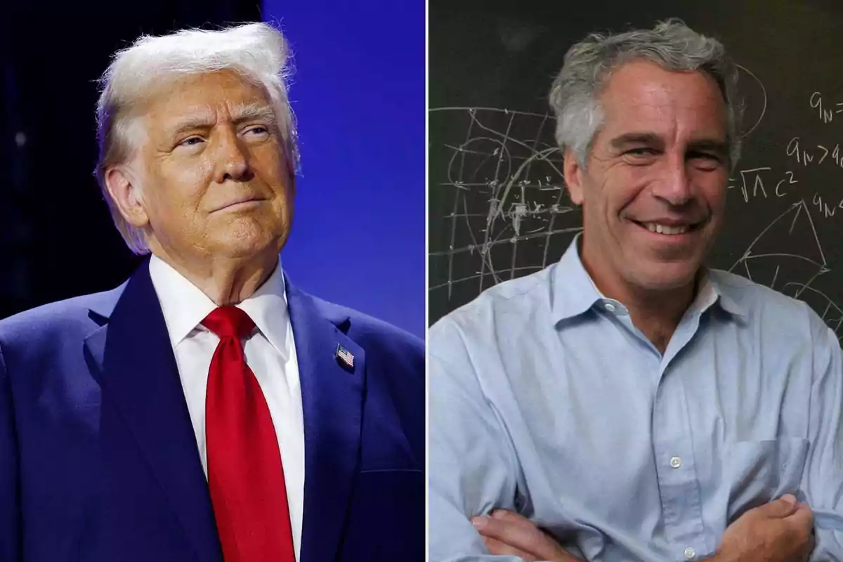 Two older men, one in a blue suit and red tie against a blue background, the other in a light jersey in front of a chalkboard with formulas. Two older men, one in a blue suit and red tie against a blue background, the other in a light jersey in front of a chalkboard with formulas.