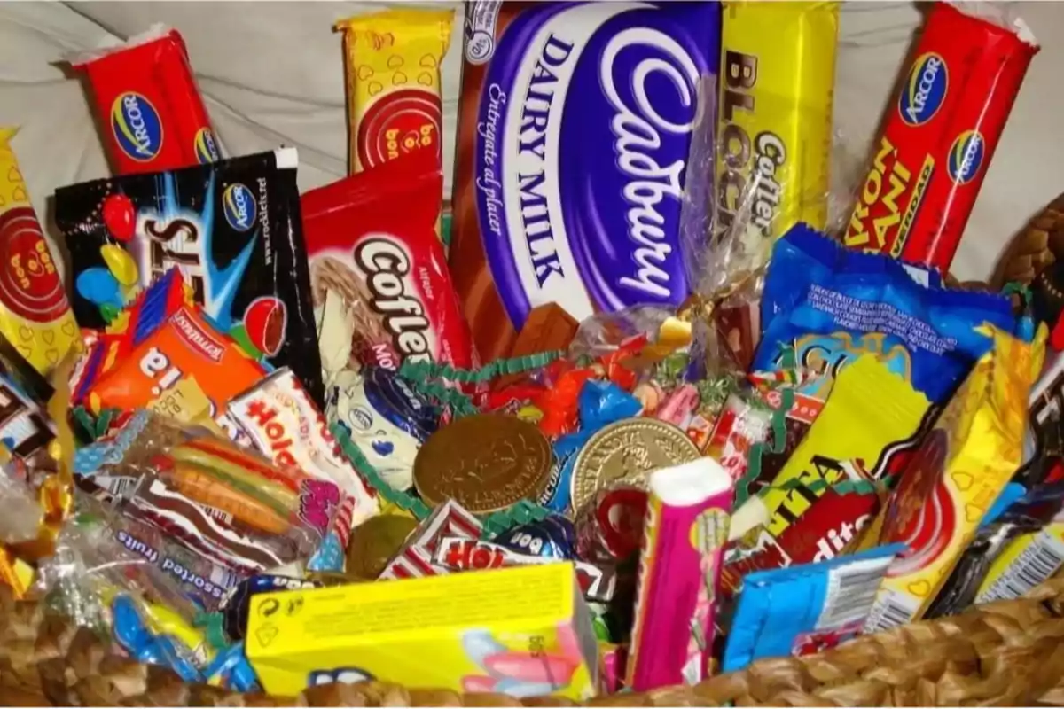 Basket full of different types of candies and chocolates of various brands and colors