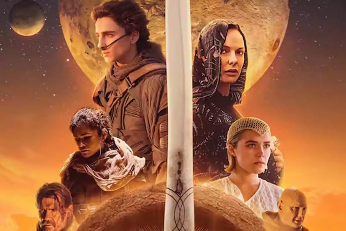 Science fiction movie poster featuring several characters in the foreground, a background of planets, and a desert-like atmosphere Science fiction movie poster featuring several characters in the foreground, a background of planets, and a desert-like atmosphere