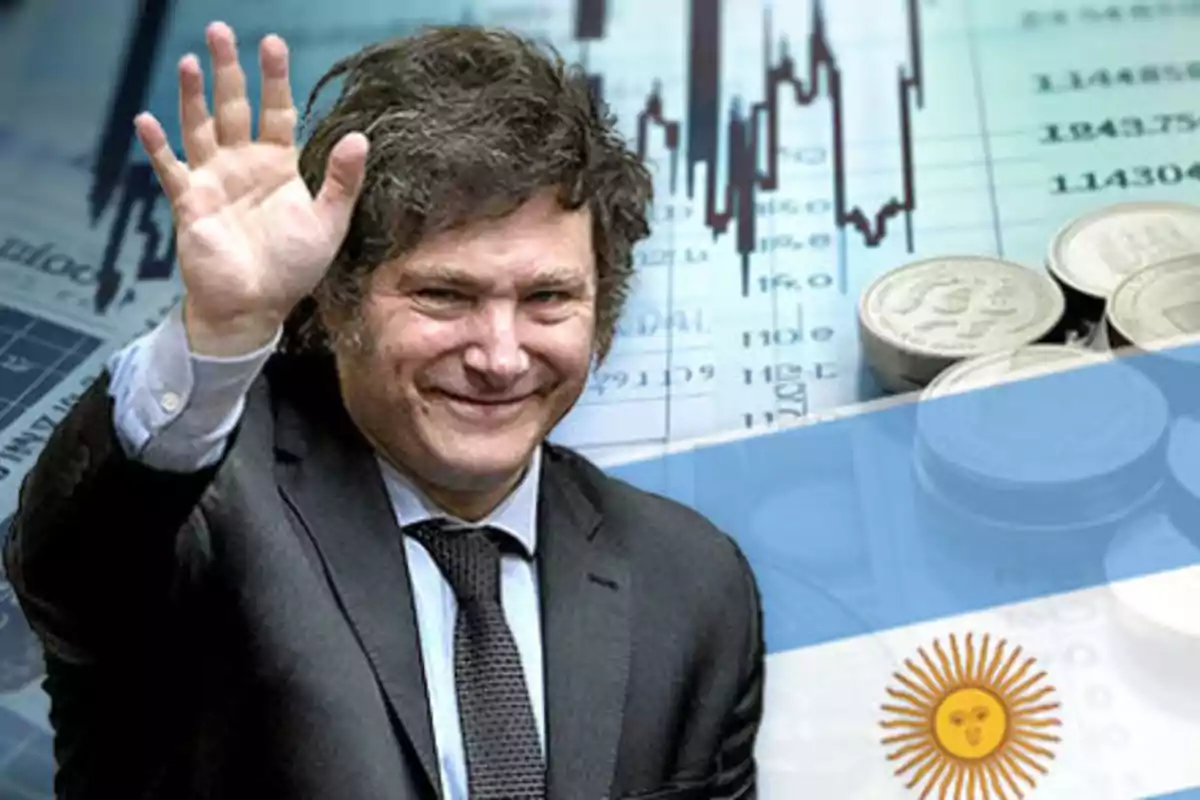 Hombre de traje saludando con la mano frente a gráficos financieros, monedas y una bandera de Argentina