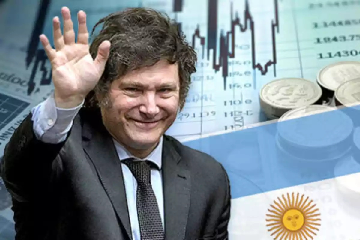Hombre de traje saludando con gráficos financieros, monedas y la bandera de Argentina de fondo