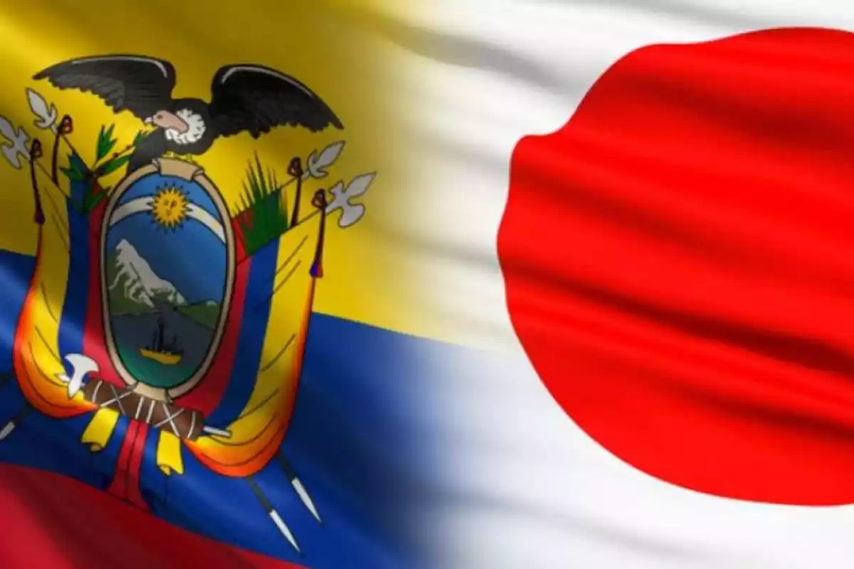 Banderas de Ecuador y Japón ondeando juntas fusionadas en una sola imagen