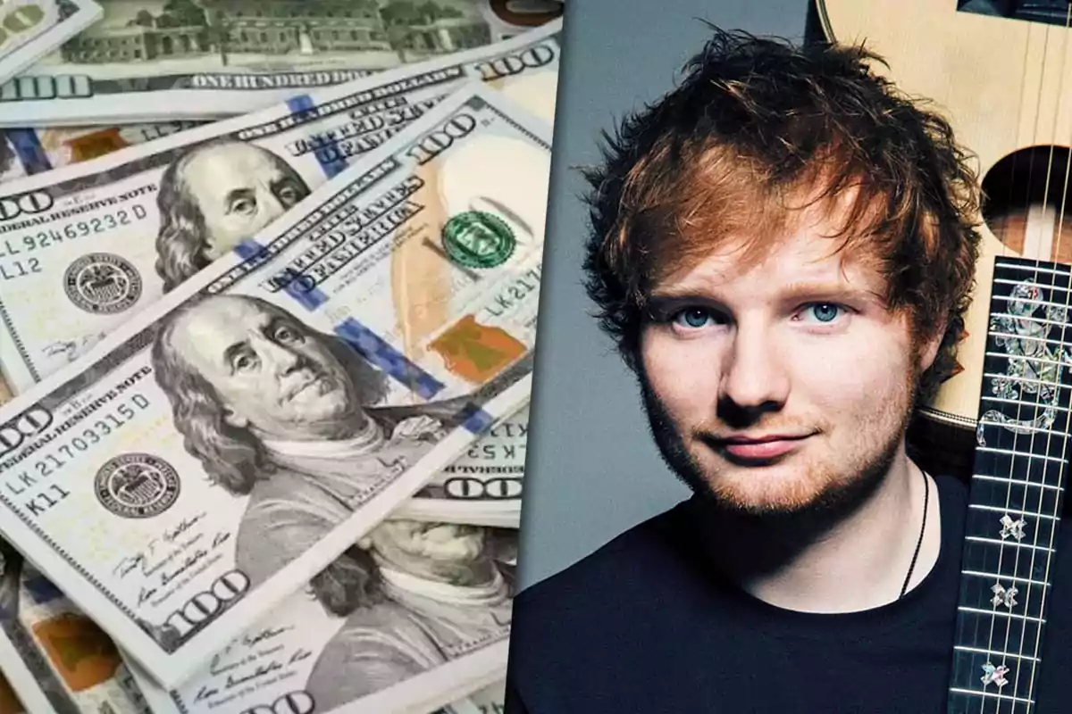 Billetes de cien dólares junto a un hombre pelirrojo con guitarra