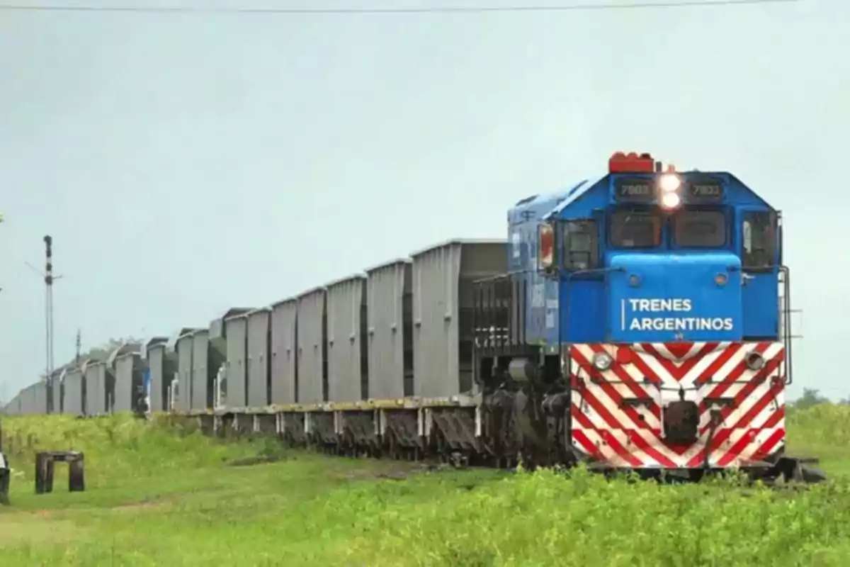 Tren de carga de Trenes Argentinos avanzando por una vía rodeada de vegetación bajo un cielo nublado Tren de carga de Trenes Argentinos avanzando por una vía rodeada de vegetación bajo un cielo nublado