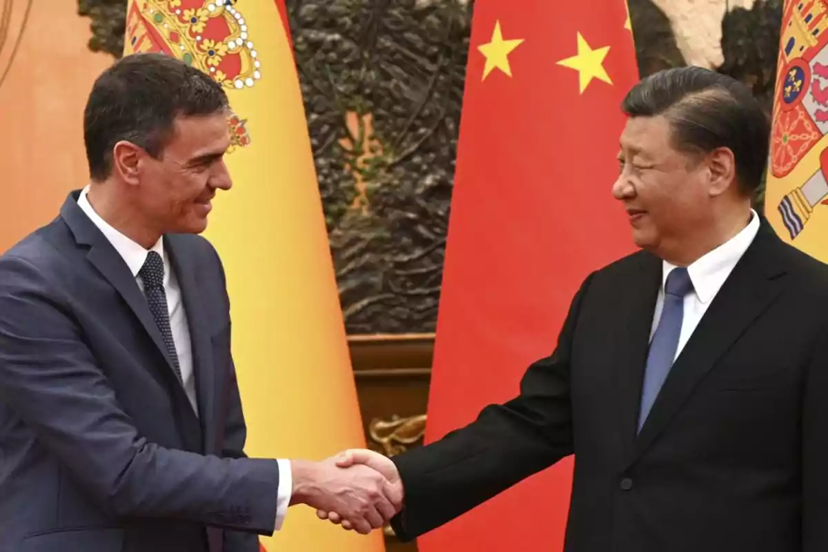 Two men in suits shake hands in front of the flags of Spain and China.