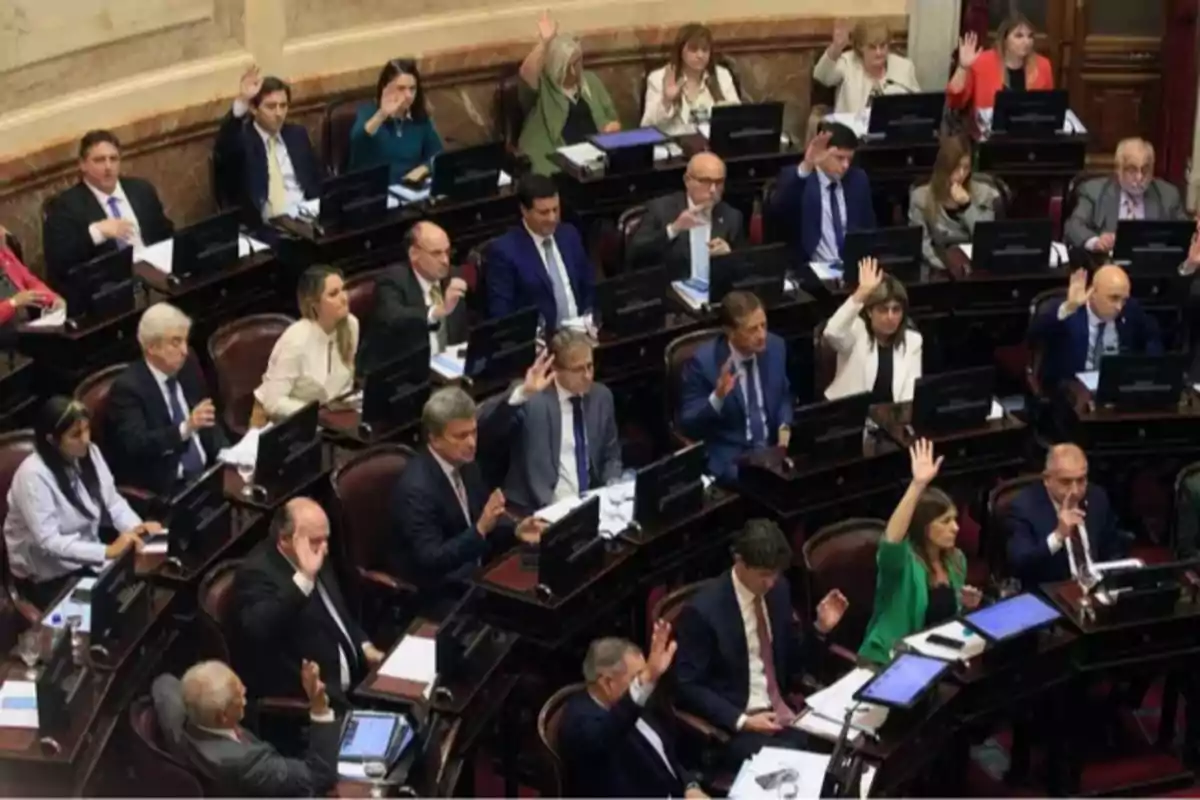 Personas en un recinto legislativo levantando la mano durante una votación Personas en un recinto legislativo levantando la mano durante una votación