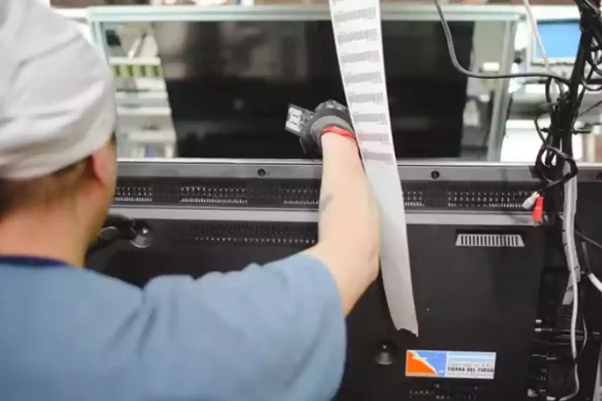 Persona colocando una etiqueta con códigos de barras en la parte trasera de un televisor en una línea de producción industrial Persona colocando una etiqueta con códigos de barras en la parte trasera de un televisor en una línea de producción industrial