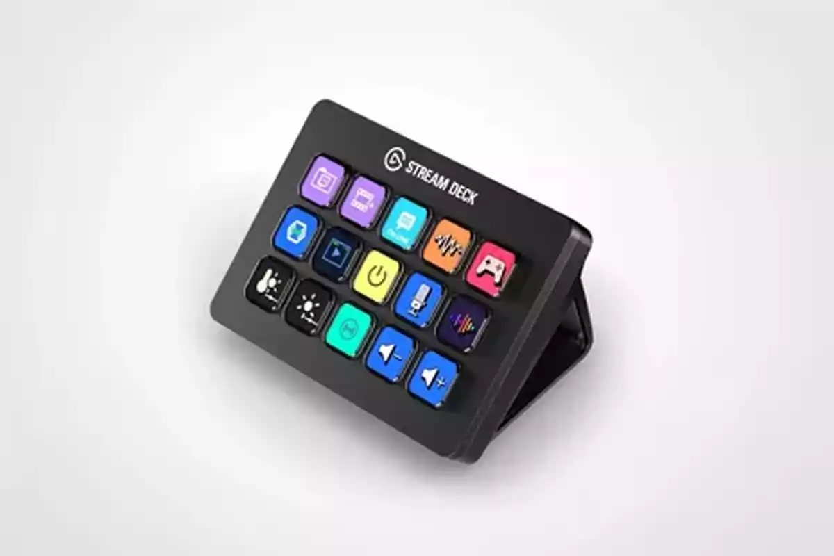 Stream Deck controller with multiple customizable keys and LCD screen on a white background Stream Deck controller with multiple customizable keys and LCD screen on a white background