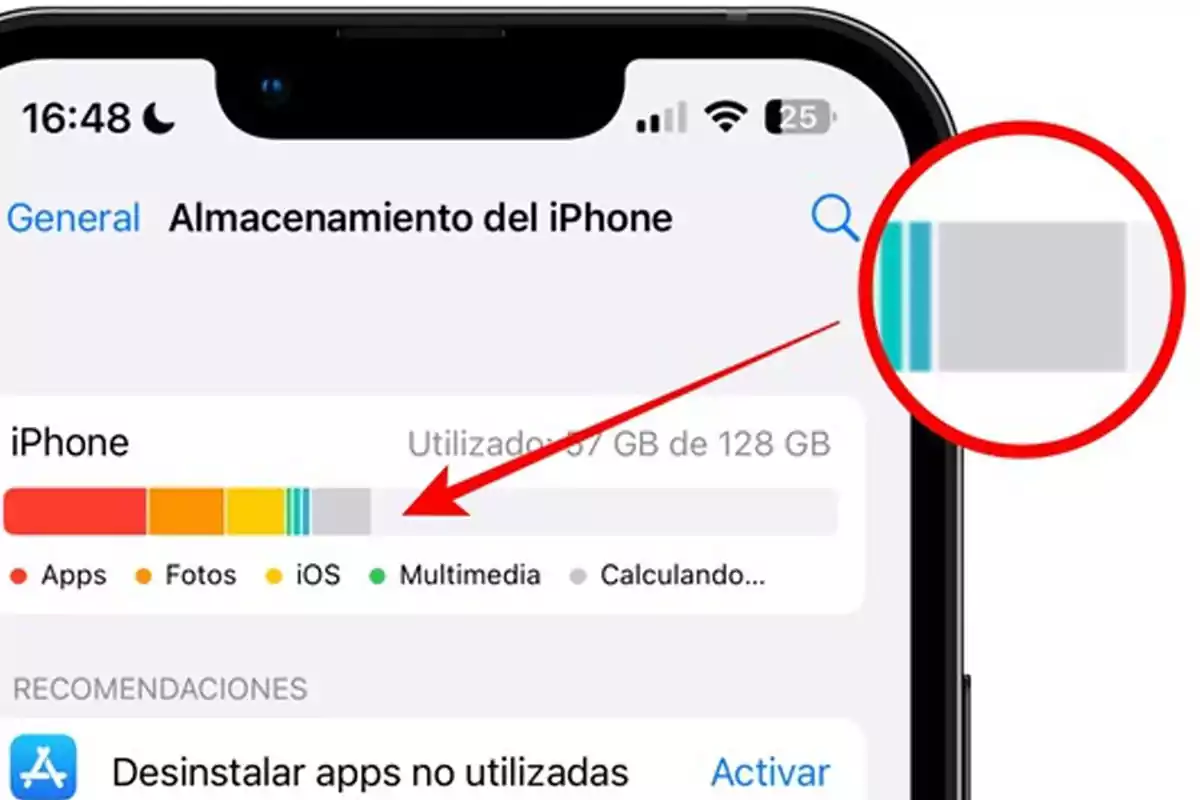 iPhone screen showing storage usage with a colored bar and a magnifying glass enlarging a section of the bar iPhone screen showing storage usage with a colored bar and a magnifying glass enlarging a section of the bar