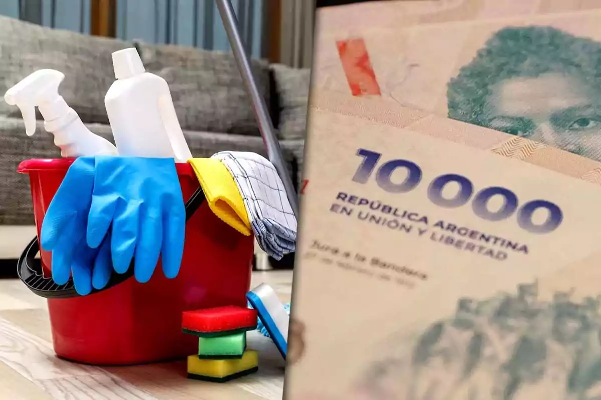 Un balde rojo con productos de limpieza y guantes junto a una pila de billetes de diez mil pesos argentinos