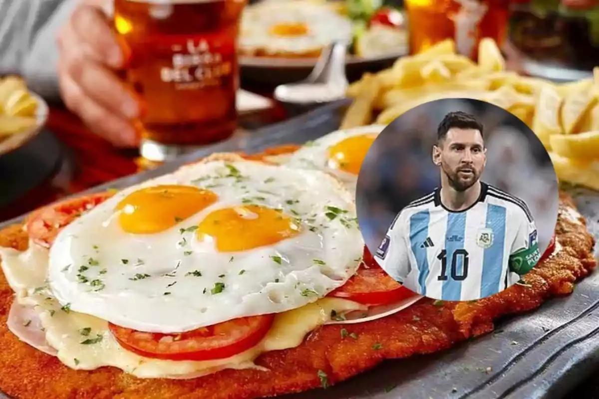 A Neapolitan-style breaded cutlet with French fries and fried eggs, next to an image of an Argentine player wearing a light blue and white jersey. A Neapolitan-style breaded cutlet with French fries and fried eggs, next to an image of an Argentine player wearing a light blue and white jersey.
