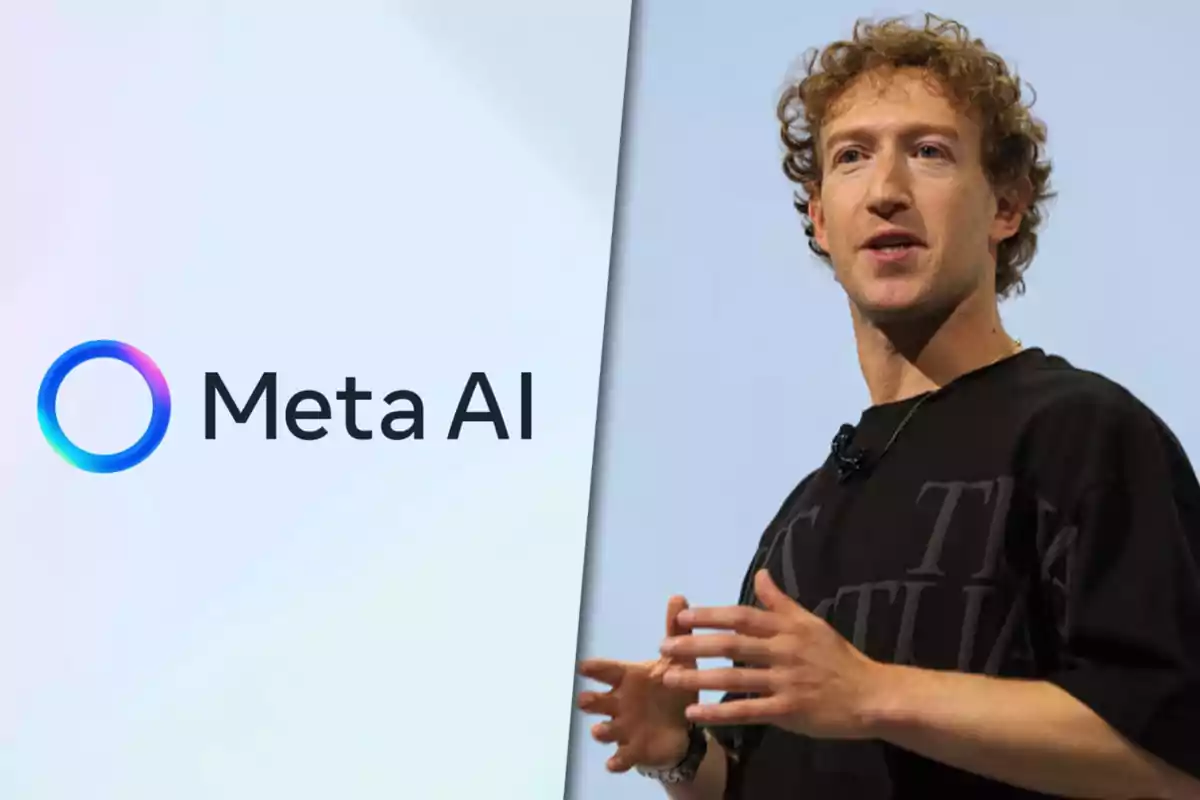 Hombre hablando en una presentación junto al logo de Meta AI sobre fondo claro
