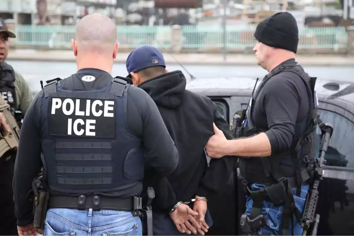 Police officers wearing bulletproof vests detain a handcuffed person next to a vehicle. Police officers wearing bulletproof vests detain a handcuffed person next to a vehicle.