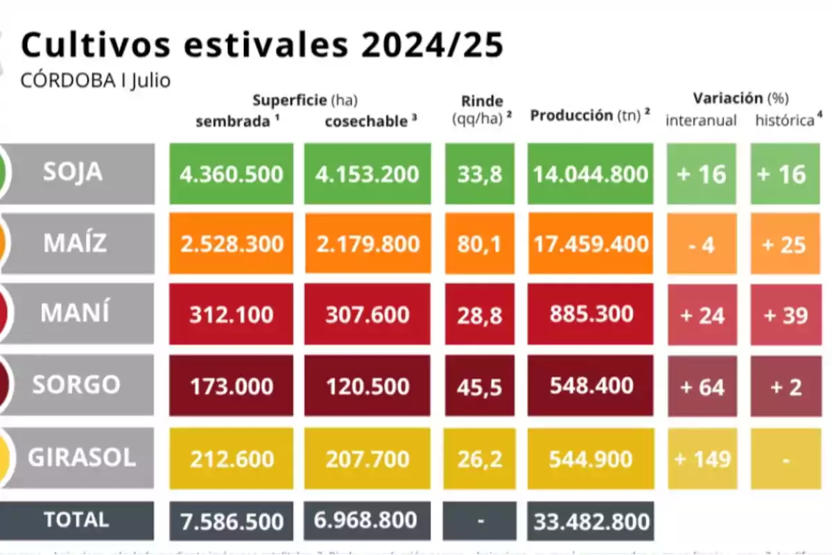 Cuadro comparativo de cultivos estivales en Córdoba para la campaña 2024-25 con datos de superficie sembrada y cosechable, rinde, producción y variación porcentual para soja, maíz, maní, sorgo y girasol Cuadro comparativo de cultivos estivales en Córdoba para la campaña 2024-25 con datos de superficie sembrada y cosechable, rinde, producción y variación porcentual para soja, maíz, maní, sorgo y girasol