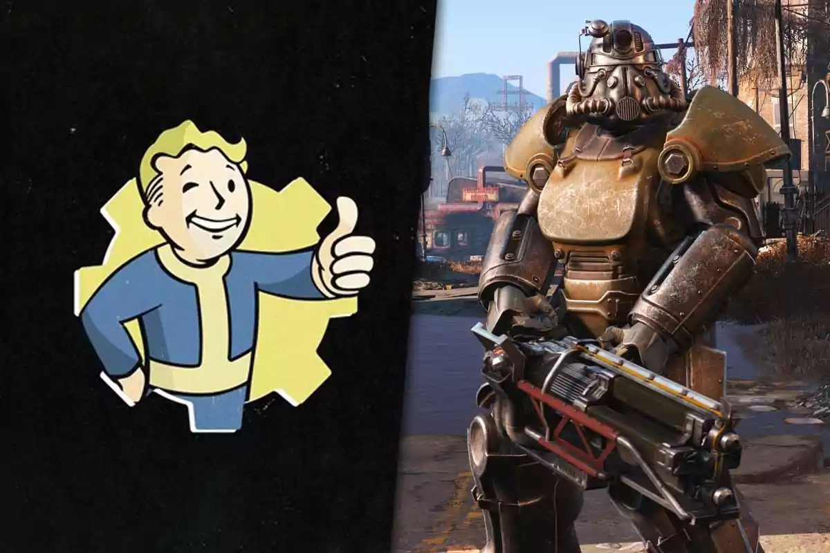 Ilustración de Vault Boy sonriendo y haciendo un gesto de aprobación junto a un personaje con armadura de poder en un entorno postapocalíptico del videojuego Fallout