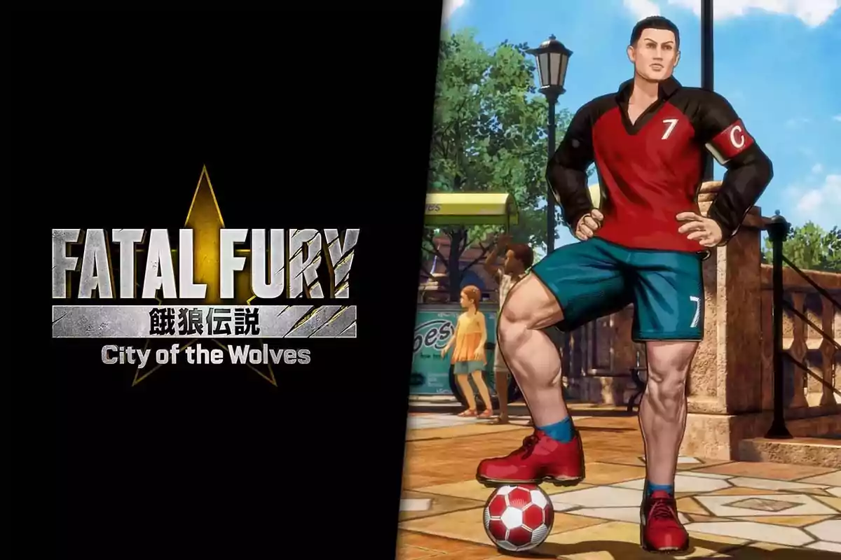 Logo de Fatal Fury City of the Wolves junto a un personaje con uniforme de fútbol apoyando un pie sobre un balón en un entorno urbano animado