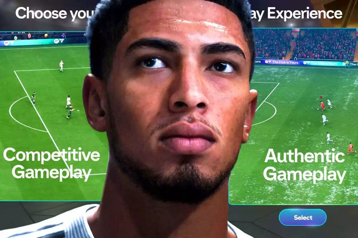 Close-up of a digital player with two game mode options in the background, one that says Competitive Gameplay and the other Authentic Gameplay, on a virtual soccer field. Close-up of a digital player with two game mode options in the background, one that says Competitive Gameplay and the other Authentic Gameplay, on a virtual soccer field.