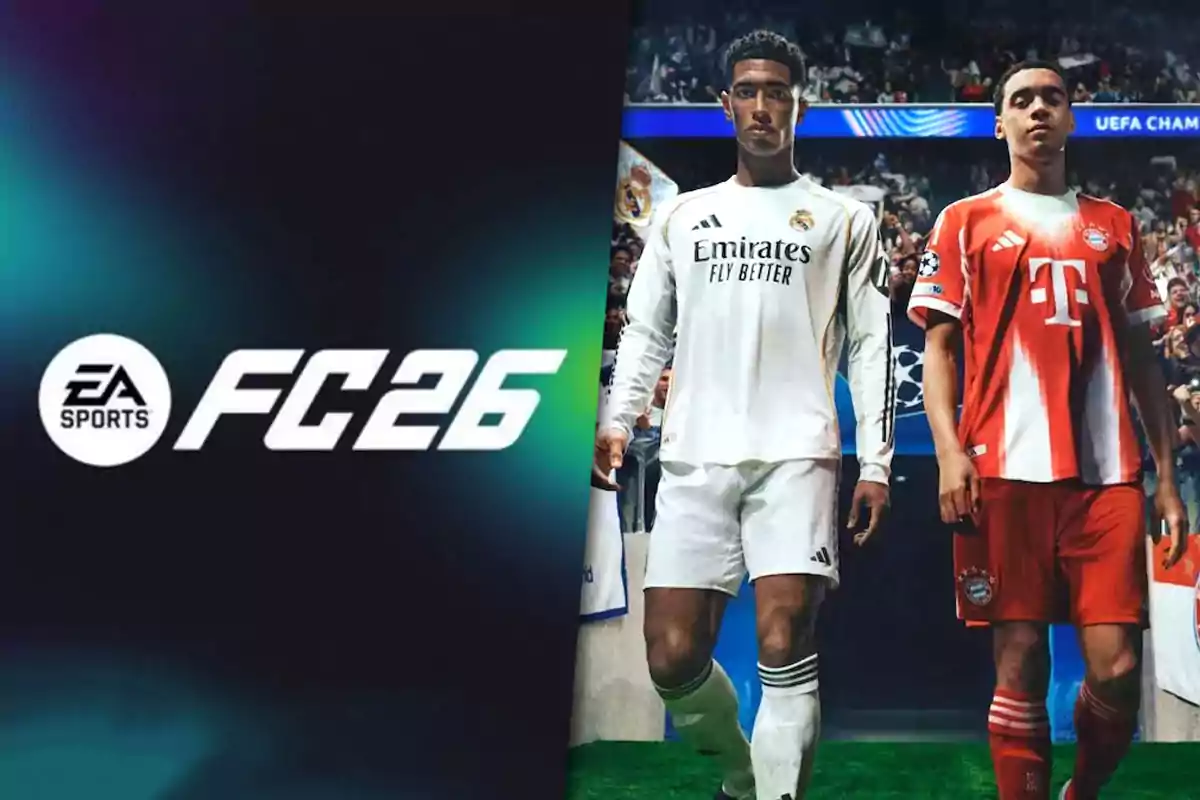Cover of the EA Sports FC 26 video game featuring two players at the center of the field, one wearing Real Madrid’s white uniform and the other wearing Bayern Munich’s red uniform.