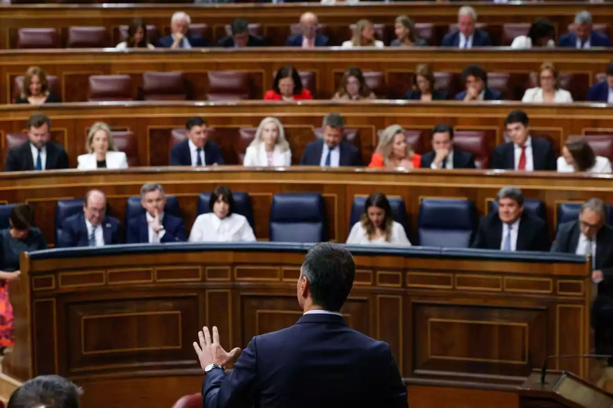 Un hombre de espaldas habla ante un parlamento lleno de personas sentadas en varias filas Un hombre de espaldas habla ante un parlamento lleno de personas sentadas en varias filas