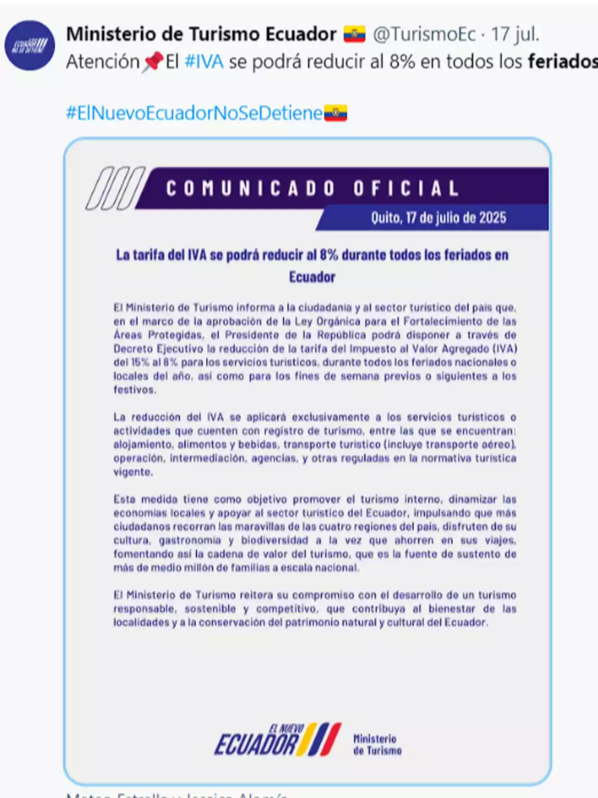 Comunicado oficial del Ministerio de Turismo de Ecuador anunciando que la tarifa del IVA podrá reducirse al 8% durante todos los feriados nacionales para servicios turísticos registrados, con el objetivo de promover el turismo interno y apoyar al sector turístico del país Comunicado oficial del Ministerio de Turismo de Ecuador anunciando que la tarifa del IVA podrá reducirse al 8% durante todos los feriados nacionales para servicios turísticos registrados, con el objetivo de promover el turismo interno y apoyar al sector turístico del país