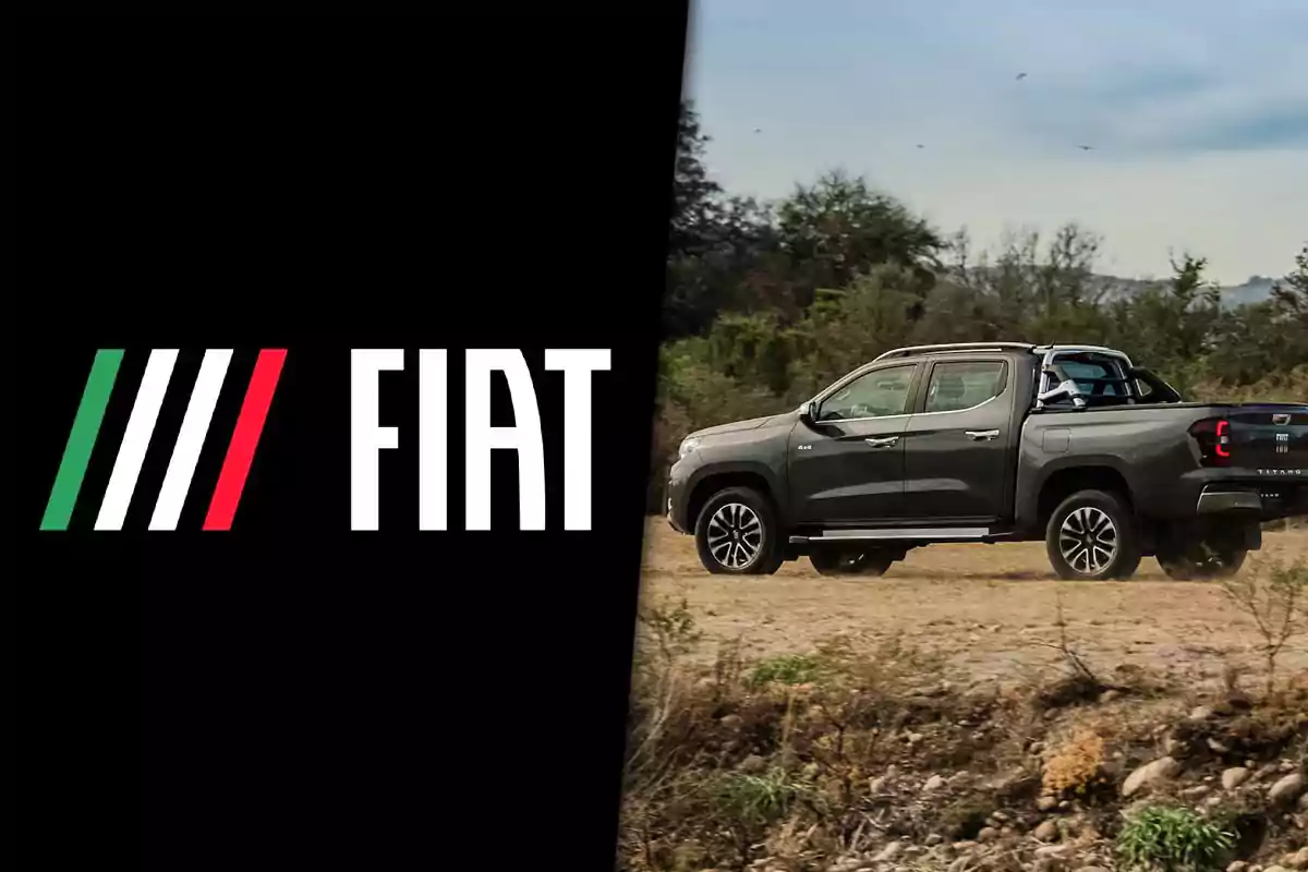 Logo de Fiat junto a una camioneta pickup gris en un entorno natural