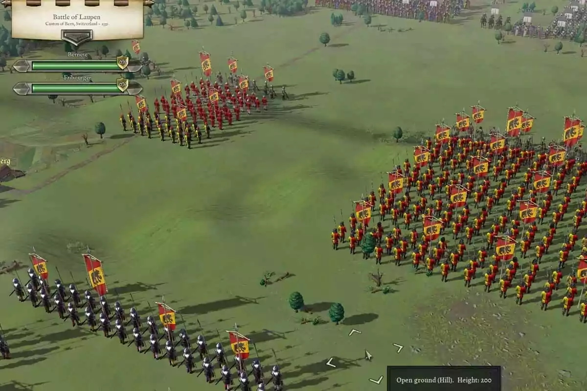 Aerial view of a medieval battlefield in a strategy video game with formations of soldiers lined up and red and yellow flags on green terrain Aerial view of a medieval battlefield in a strategy video game with formations of soldiers lined up and red and yellow flags on green terrain