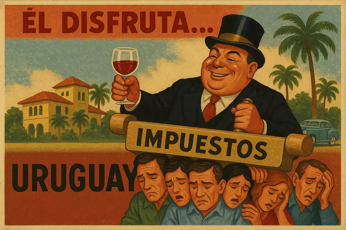 Un hombre rico y sonriente brinda con una copa de vino mientras sostiene un gran rodillo con la palabra impuestos que aplasta a un grupo de personas tristes frente a una casa lujosa con palmeras y un auto antiguo, acompañado del texto él disfruta Uruguay