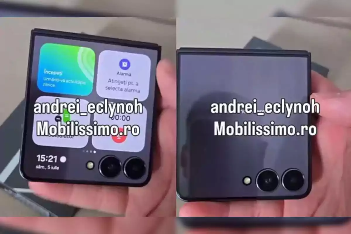 A black foldable phone shown in two positions, one with the external screen on displaying widgets and the other with the screen off; both sides have two cameras and a flash. A black foldable phone shown in two positions, one with the external screen on displaying widgets and the other with the screen off; both sides have two cameras and a flash.