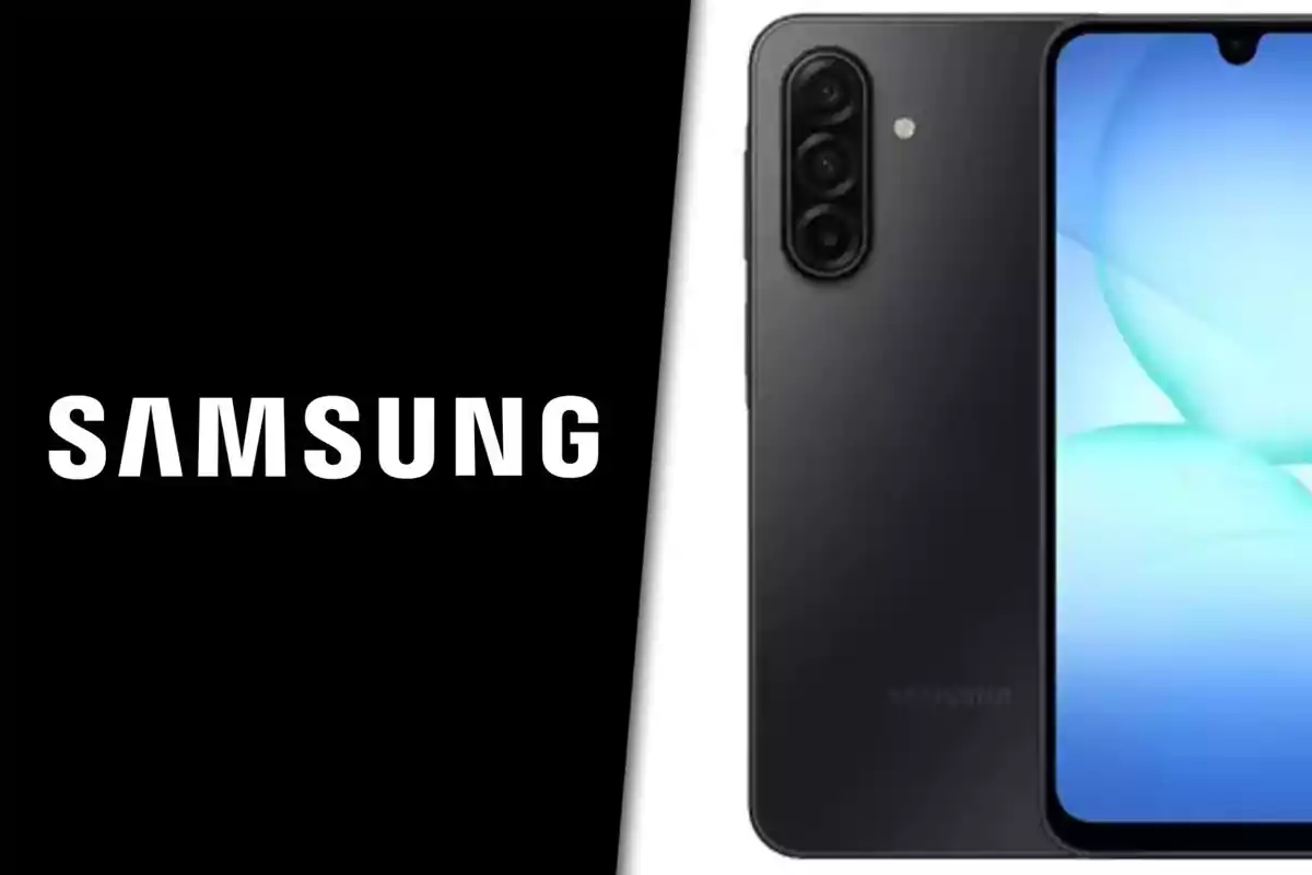 Samsung logo next to a black-cased, screen-on smartphone from the brand