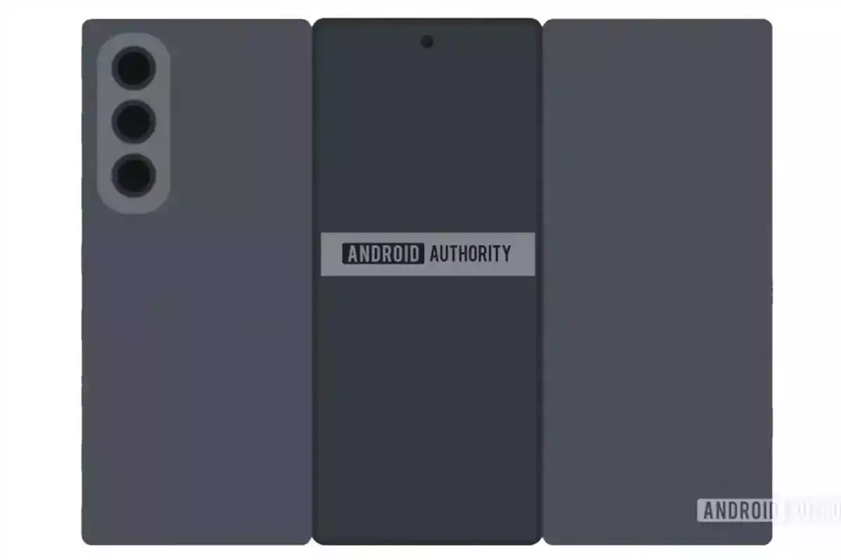 Diseño conceptual de un teléfono plegable con tres módulos y cámaras traseras alineadas verticalmente Diseño conceptual de un teléfono plegable con tres módulos y cámaras traseras alineadas verticalmente