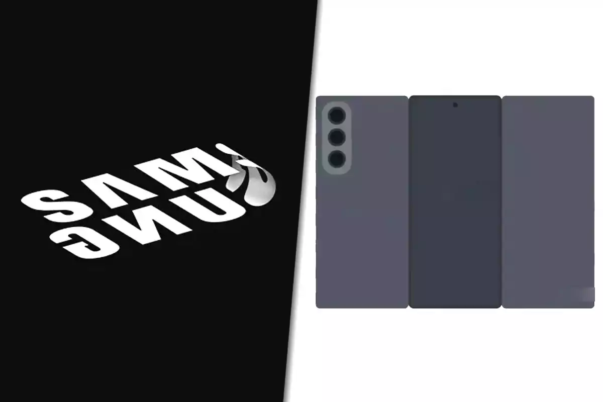 Logo de Samsung en blanco sobre fondo negro a la izquierda y un teléfono plegable gris oscuro a la derecha