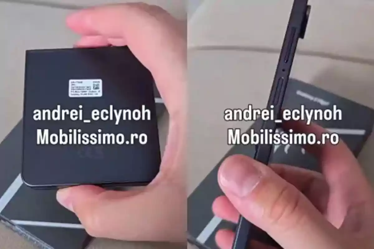 Person holding a black foldable phone seen from the back and the side, with a box in the background and watermarks with text in the center of both images. Person holding a black foldable phone seen from the back and the side, with a box in the background and watermarks with text in the center of both images.