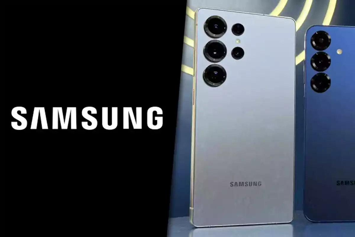 Samsung logo next to two smartphones from the brand in silver and blue colors