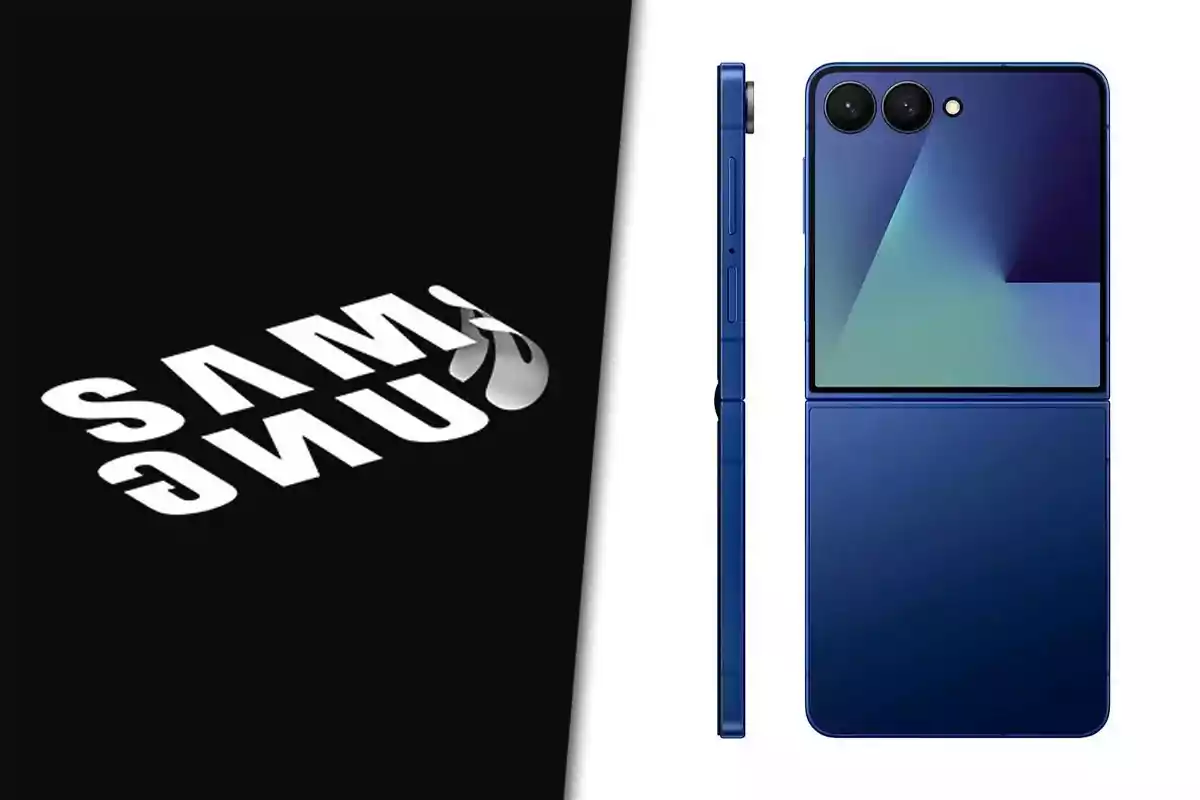A blue foldable phone next to a black background with a distorted Samsung logo