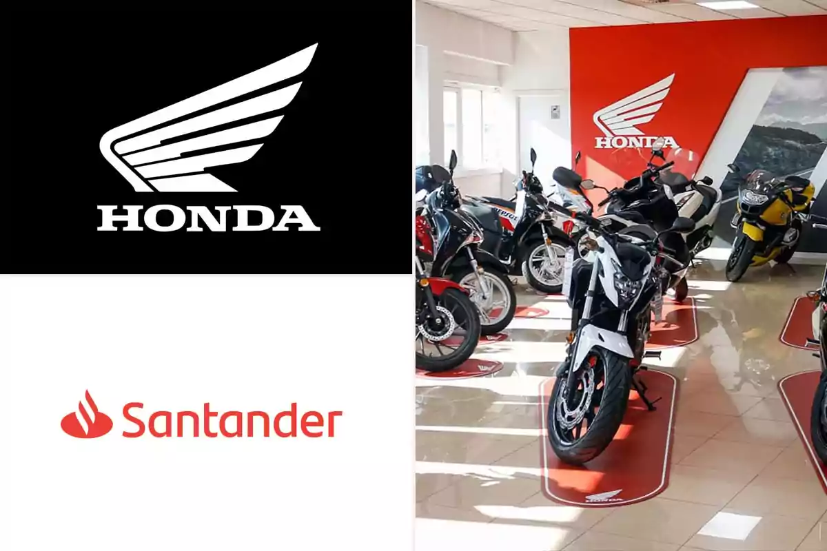 Logos de Honda y Santander junto a una sala de exhibición de motocicletas Honda