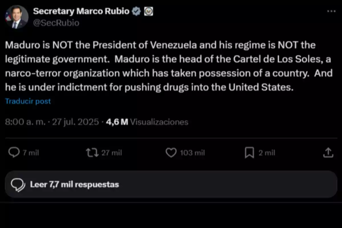 Publicación en inglés en la que un funcionario estadounidense afirma que Maduro no es el presidente legítimo de Venezuela y lo acusa de liderar una organización criminal y de estar acusado por tráfico de drogas hacia Estados Unidos. Publicación en inglés en la que un funcionario estadounidense afirma que Maduro no es el presidente legítimo de Venezuela y lo acusa de liderar una organización criminal y de estar acusado por tráfico de drogas hacia Estados Unidos.