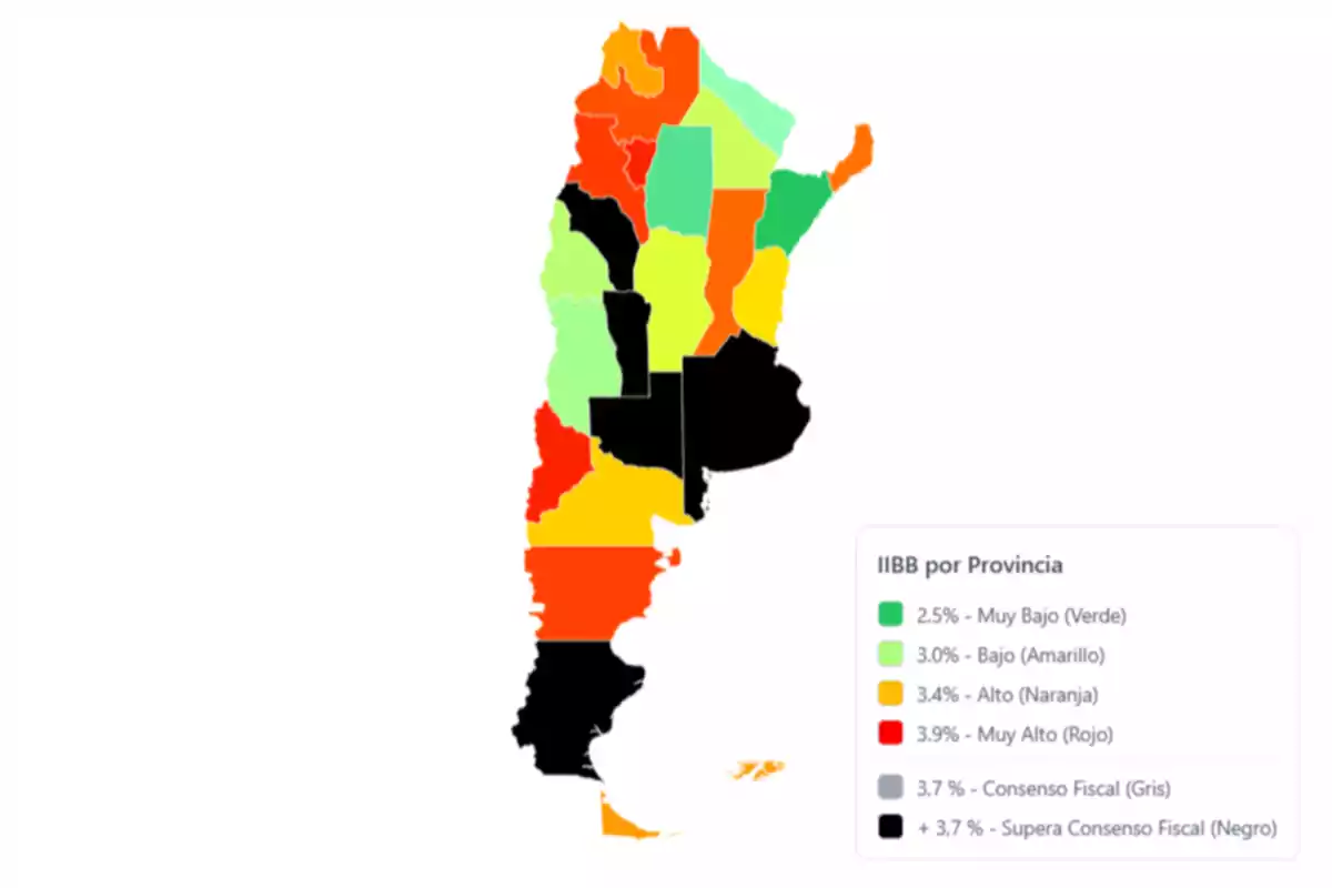 Mapa de Argentina con las provincias coloreadas según el nivel de alícuota de Ingresos Brutos, utilizando verde, amarillo, naranja, rojo, gris y negro para indicar diferentes rangos de valores fiscales Mapa de Argentina con las provincias coloreadas según el nivel de alícuota de Ingresos Brutos, utilizando verde, amarillo, naranja, rojo, gris y negro para indicar diferentes rangos de valores fiscales