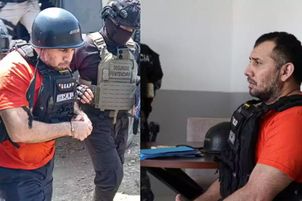 Hombre con camiseta naranja y chaleco antibalas escoltado por un guardia en la primera imagen y sentado en una oficina en la segunda imagen