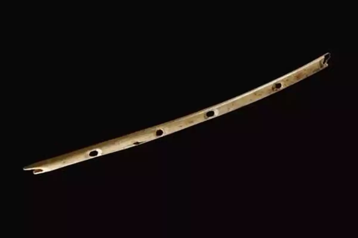 Ancient bone flute with several holes on a black background Ancient bone flute with several holes on a black background