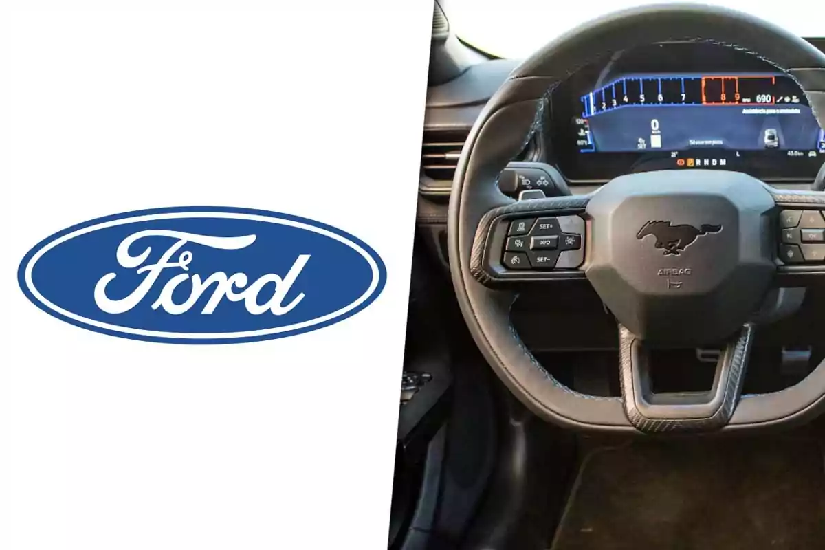 Ford logo on the left and steering wheel of a Ford Mustang with digital dashboard on the right